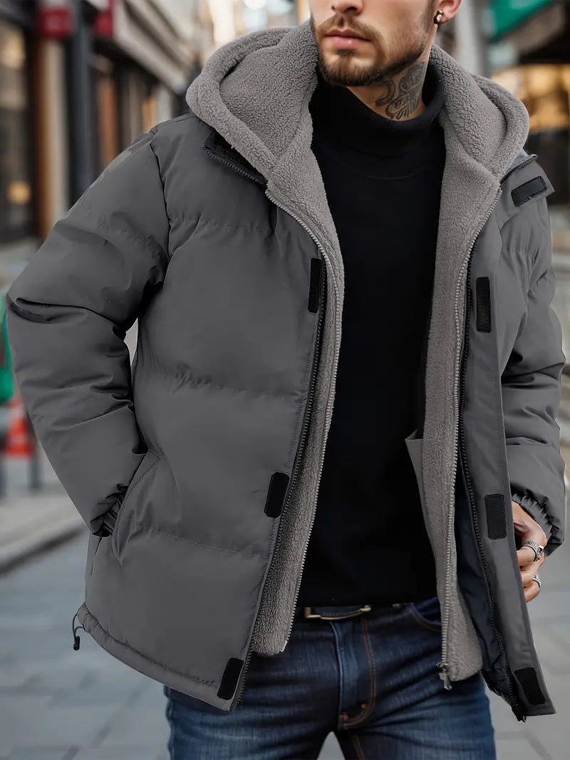 Men's black hooded puffer jacket with fleece liner, winter outdoor two-piece layering set