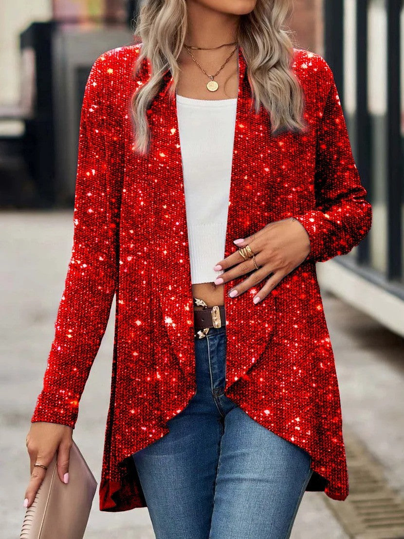 Women's relaxed-fit open-front soft knit cardigan with sequin accents and asymmetrical hem