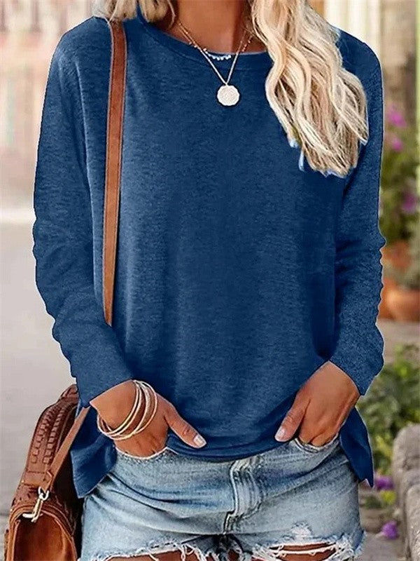 Women's soft knit blouse relaxed fit long sleeve crew neck casual top with natural drape