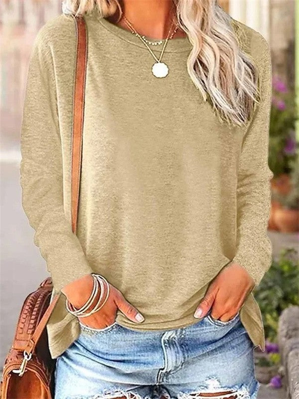 Women's soft knit blouse relaxed fit long sleeve crew neck casual top with natural drape