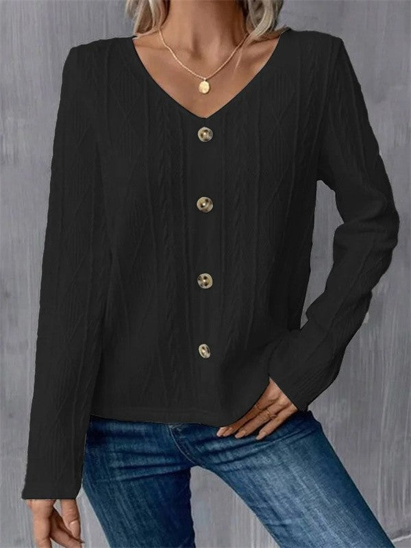 Women's soft knit long sleeve shirt V-neck button front casual regular fit everyday top