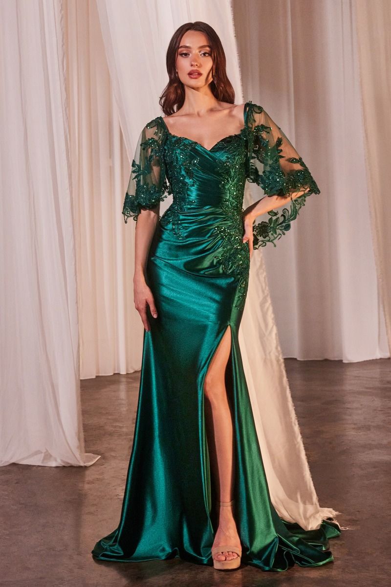LaDivine S499 satin fitted evening gown with ruched bodice, embroidered cape, and thigh-high slit