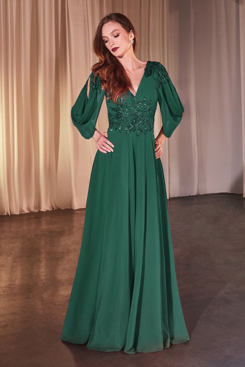 LaDivine S508 floor-length chiffon mother of bride dress with beaded bodice and deep V-neck