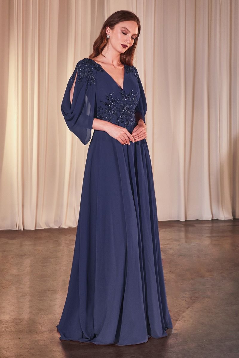 LaDivine S508 floor-length chiffon mother of bride dress A-line beaded bodice deep V-neck