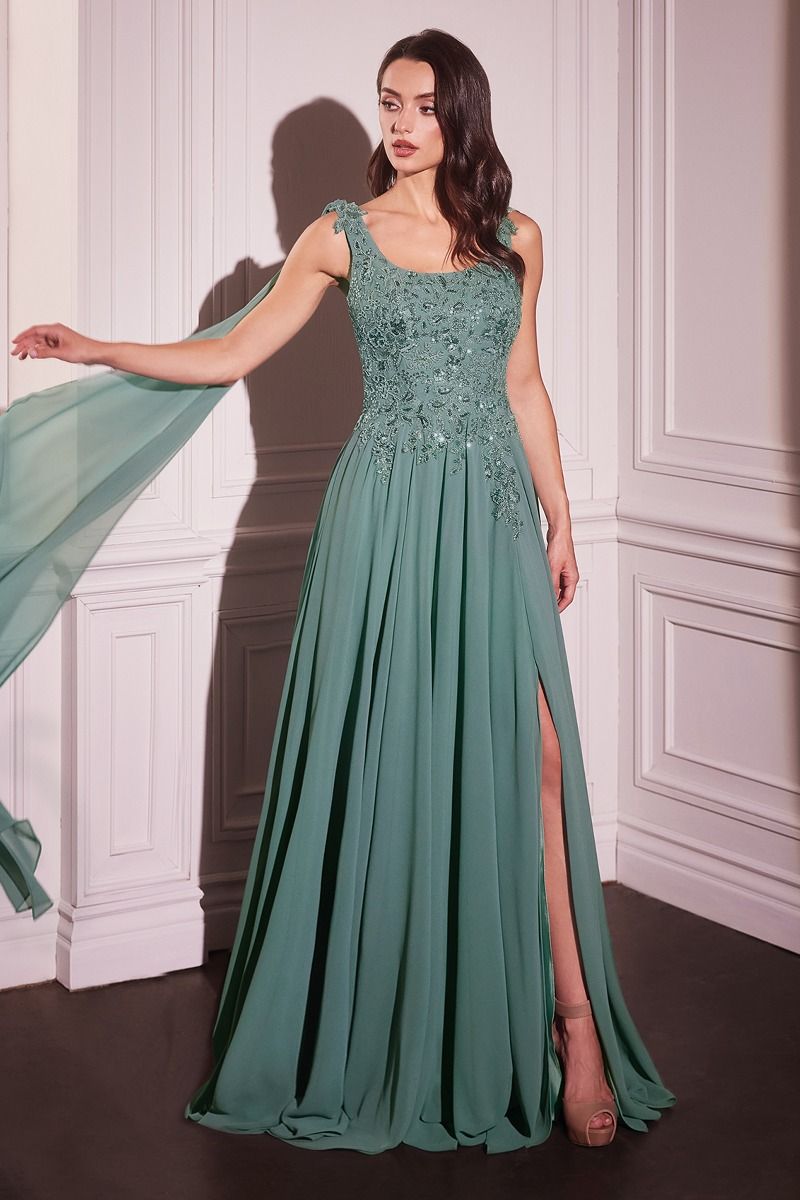 LaDivine CDS509 long A-line formal evening dress with beaded bodice and flowing chiffon skirt