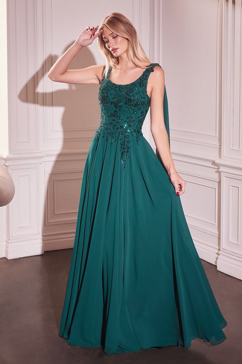 LaDivine CDS509 long A-line formal evening dress with beaded bodice and flowing chiffon skirt