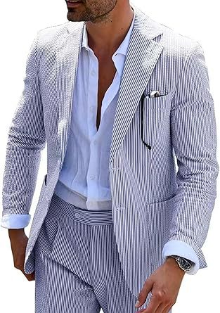 Men's light blue seersucker two-piece suit slim-fit jacket and trousers wrinkle-resistant breathable