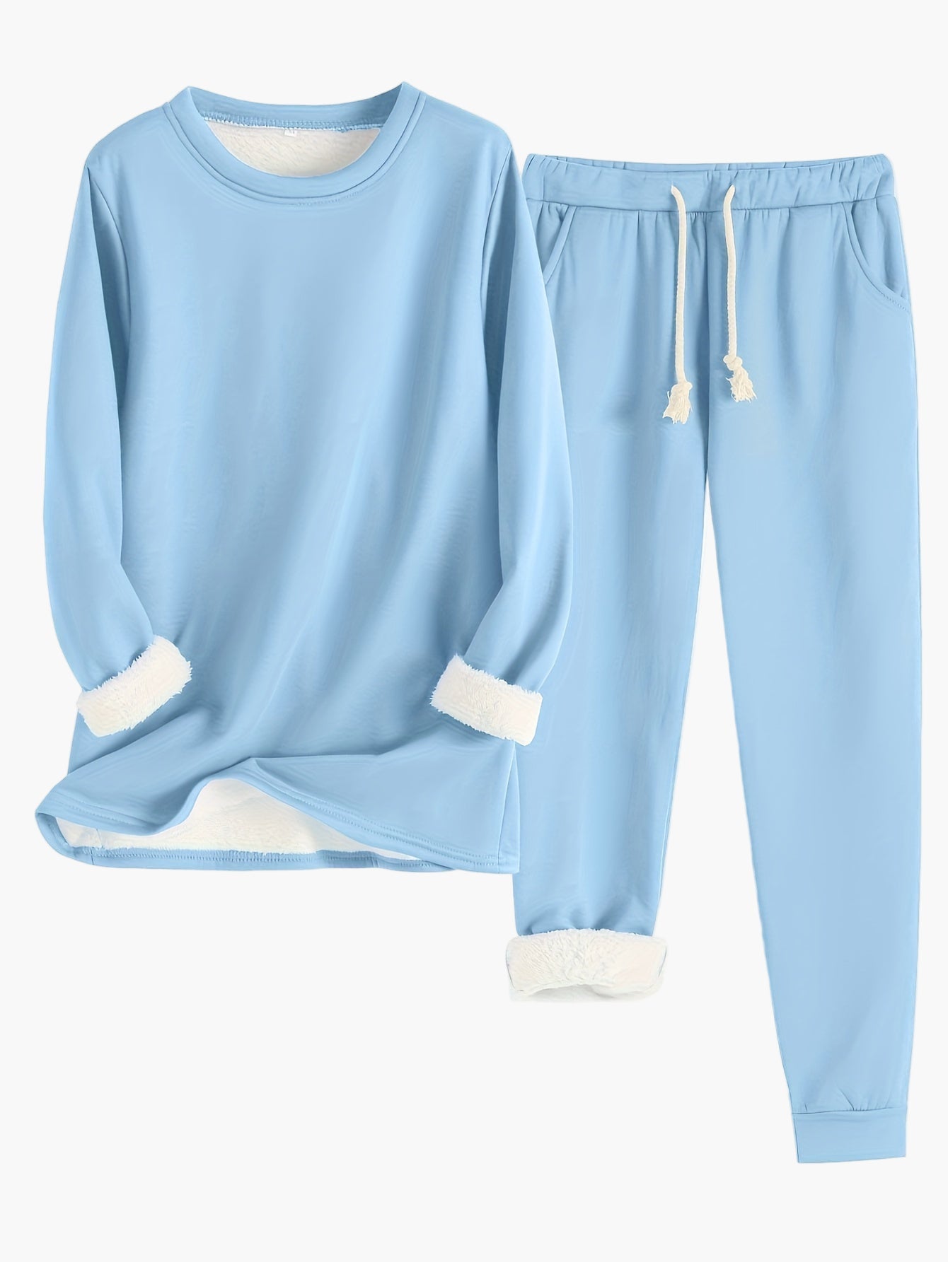 Women's two-piece lounge set soft gray relaxed fit round neckline top with elastic waistband pants