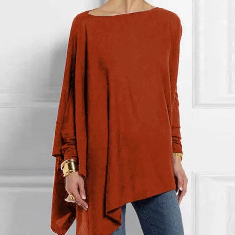 Women's elegant round neck long sleeve top in classic fall colors, versatile modern cut for day-to-night wear