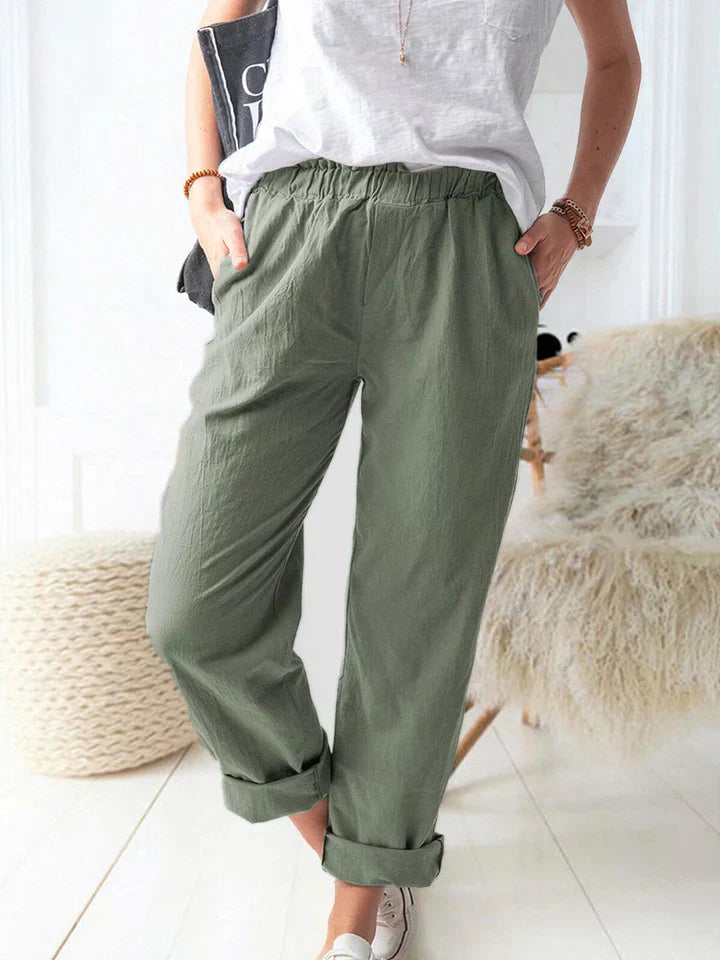 Unisex beige linen trousers relaxed fit with elastic waistband breathable all-day comfort