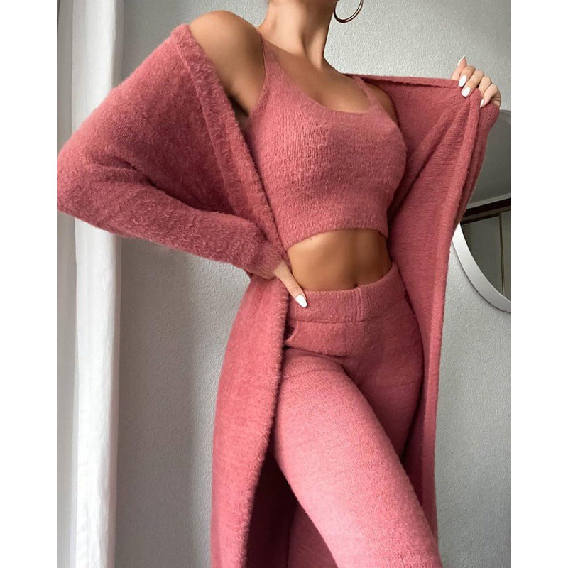 Women's fluffy 3-piece lounge set cropped top high-waisted pants long cardigan soft polyester blend