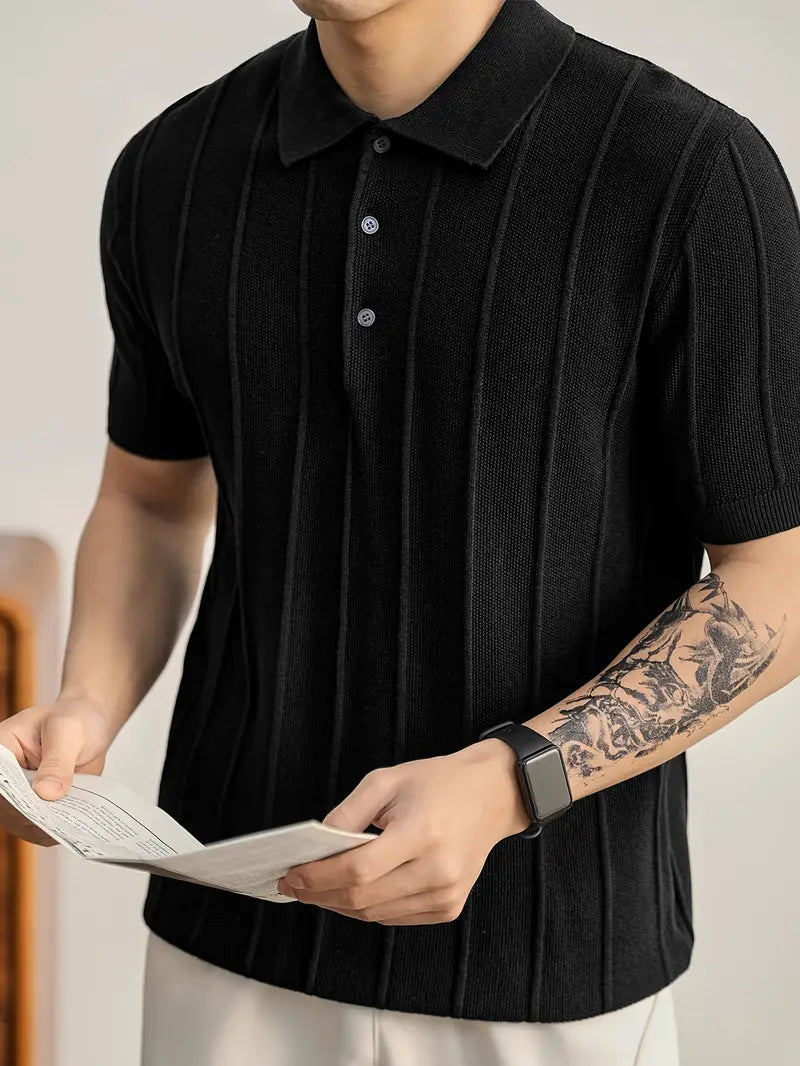 Men's textured knit polo shirt in neutral tone with sculpted vertical ribbing and slim smart-casual cut