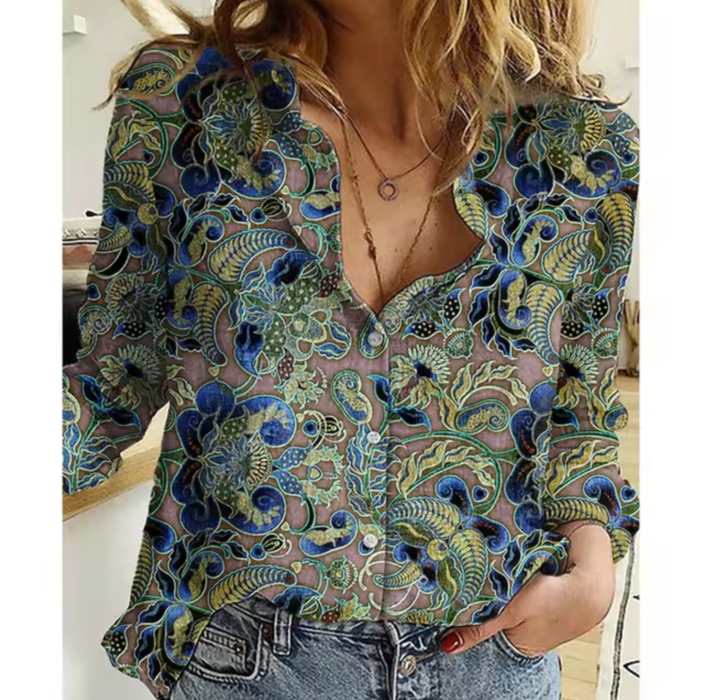 Women's floral button-up blouse loose fit long sleeve lightweight breathable top