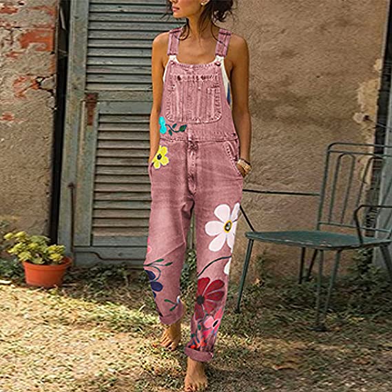 Women's blue denim floral print jumpsuit with flattering relaxed fit and feminine floral motif