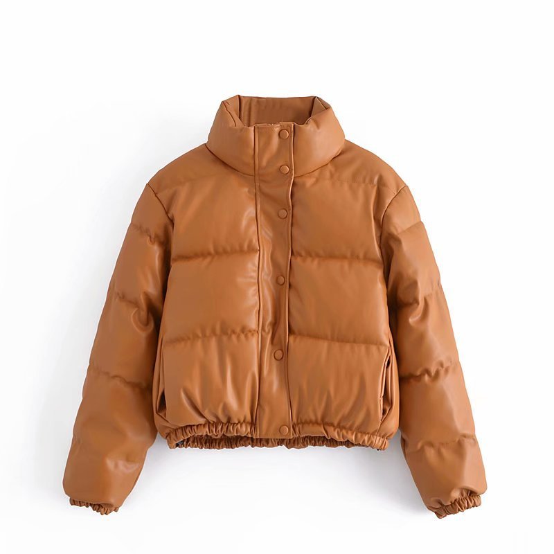 Black short PU parka cotton-insulated urban winter coat with sleek modern silhouette