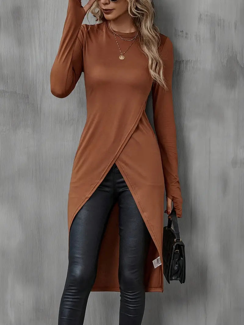 Women's long sleeve wrap tunic soft stretch knit asymmetrical flattering drape everyday style