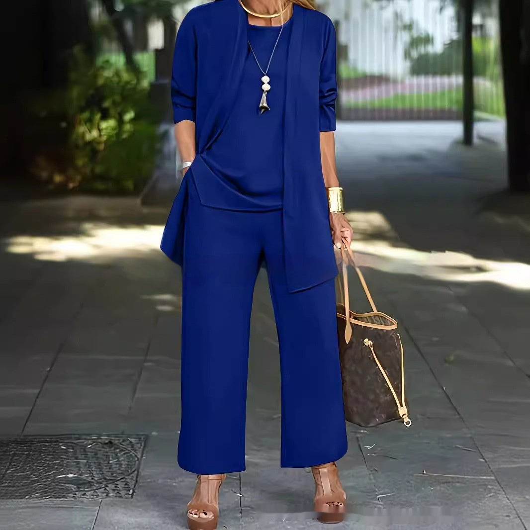 Women's elegant capsule pantsuit set, sleeveless round neck top with long jacket and wide-leg trousers
