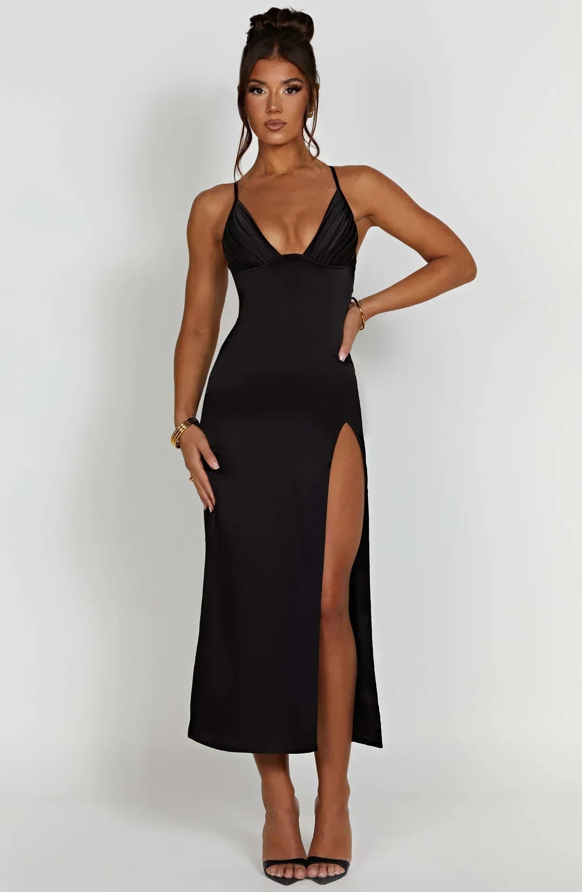 Women's elegant midi dress thin spaghetti straps fitted silhouette breathable premium fabric for weddings
