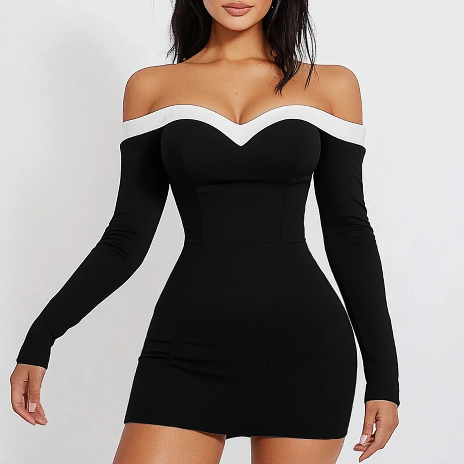 Moonstone bodycon mini dress off-shoulder V-neck long sleeves sculpted silhouette for women