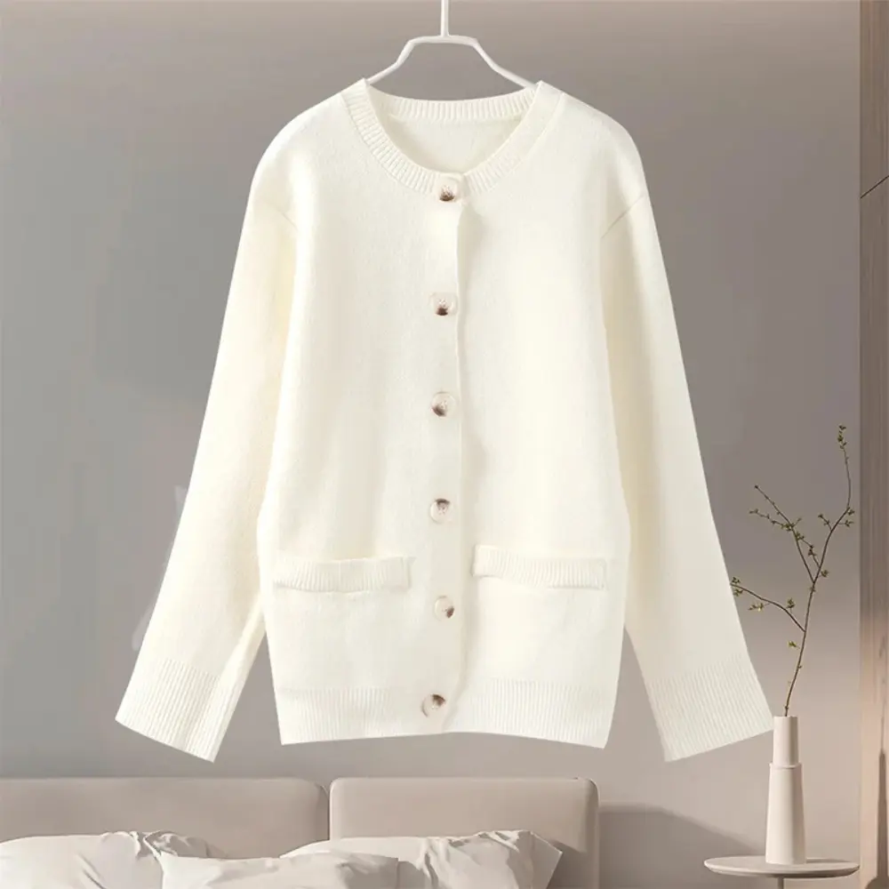Women's slim fit knit cardigan cozy layering essential with classic round neckline for everyday wear