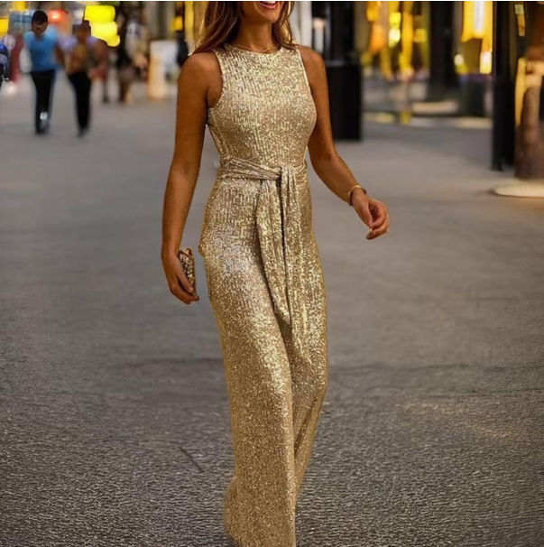 Sparkling silver off-shoulder jumpsuit with open back and slim fit silhouette for evening events