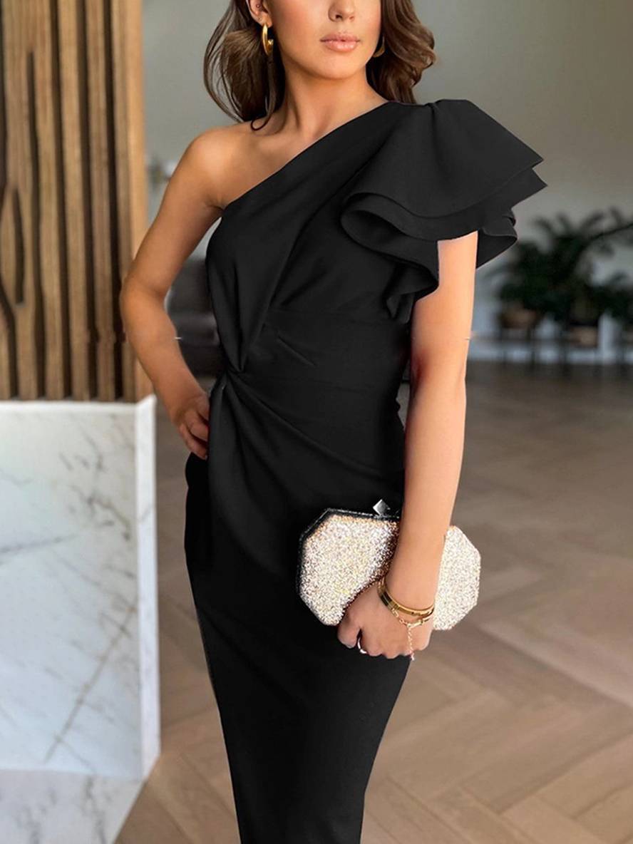 Thalia fitted one-shoulder evening dress with layered ruffles, side slit, elegant asymmetric silhouette
