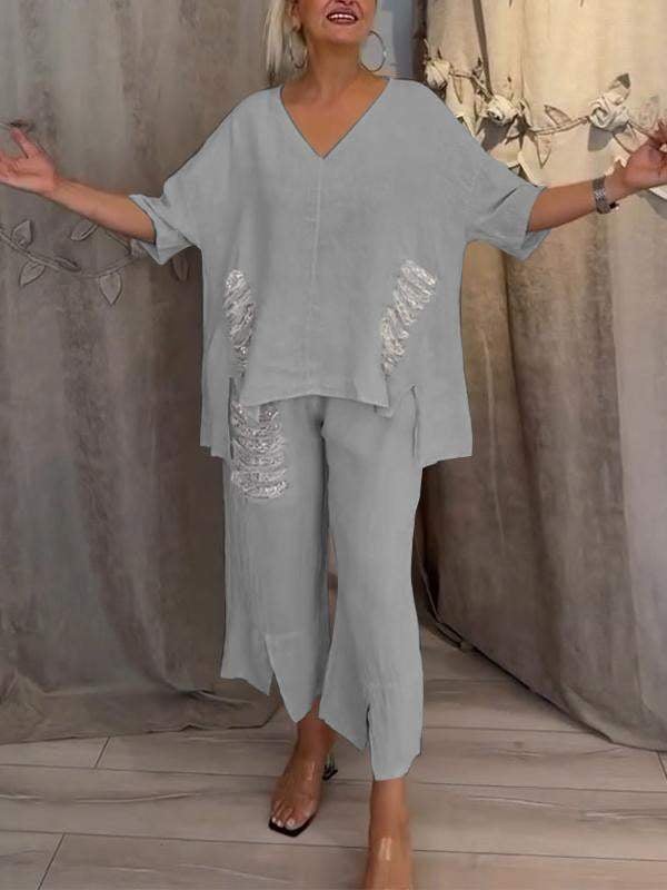 Pearl | Women's Casual 2 Piece Set V-Neck Top and Cropped Pants