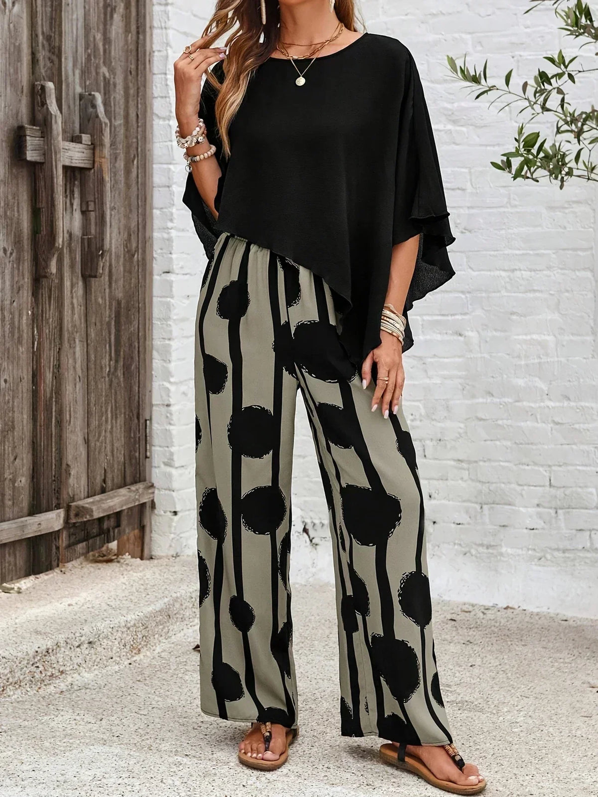 Sage | Women's 2 Piece Set Batwing Top and Wide Leg Print Pants