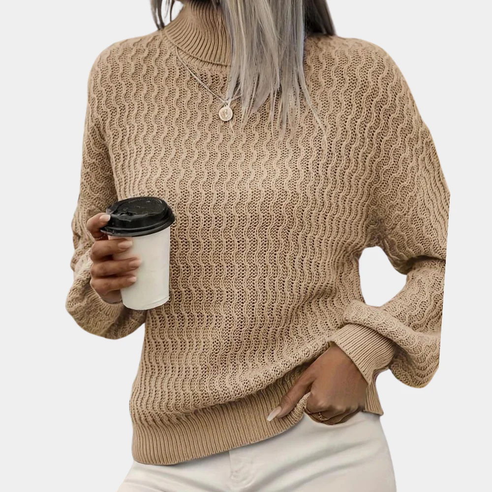 Women's oversized cream knitted turtleneck with dramatic balloon sleeves, cozy soft knit autumn sweater