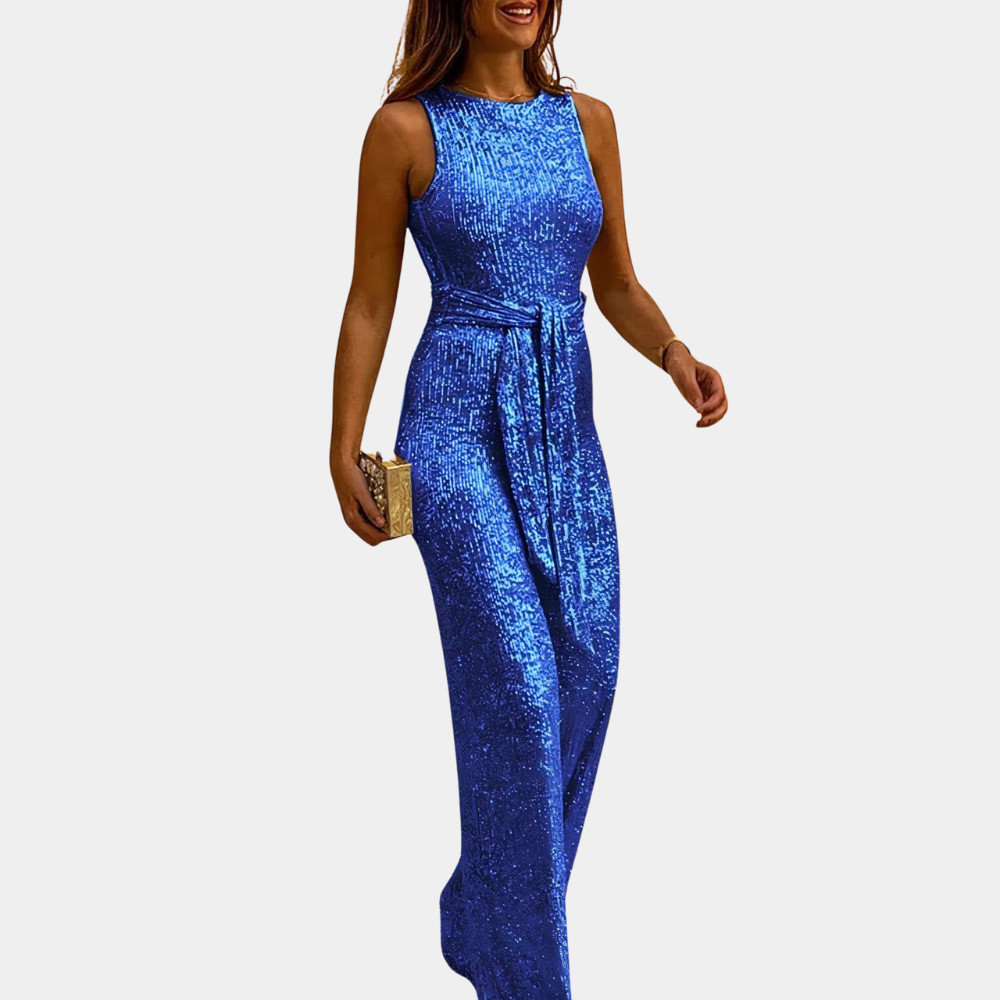 Women's silver sequined jumpsuit elegant wide-leg silhouette with all-over glitter for evening events