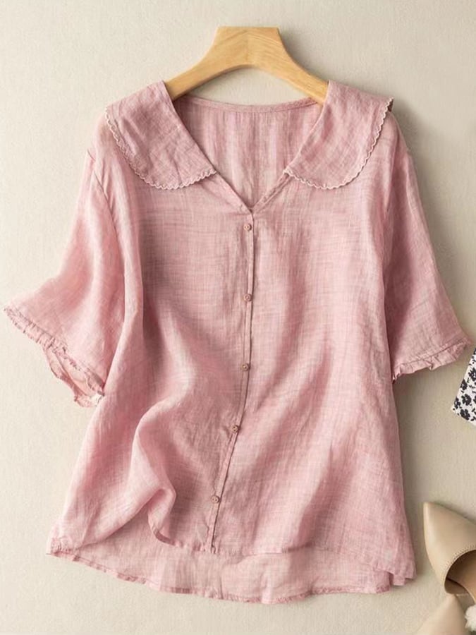 Women white button-down blouse relaxed fit short sleeves ruffled collar elegant workwear smart casual