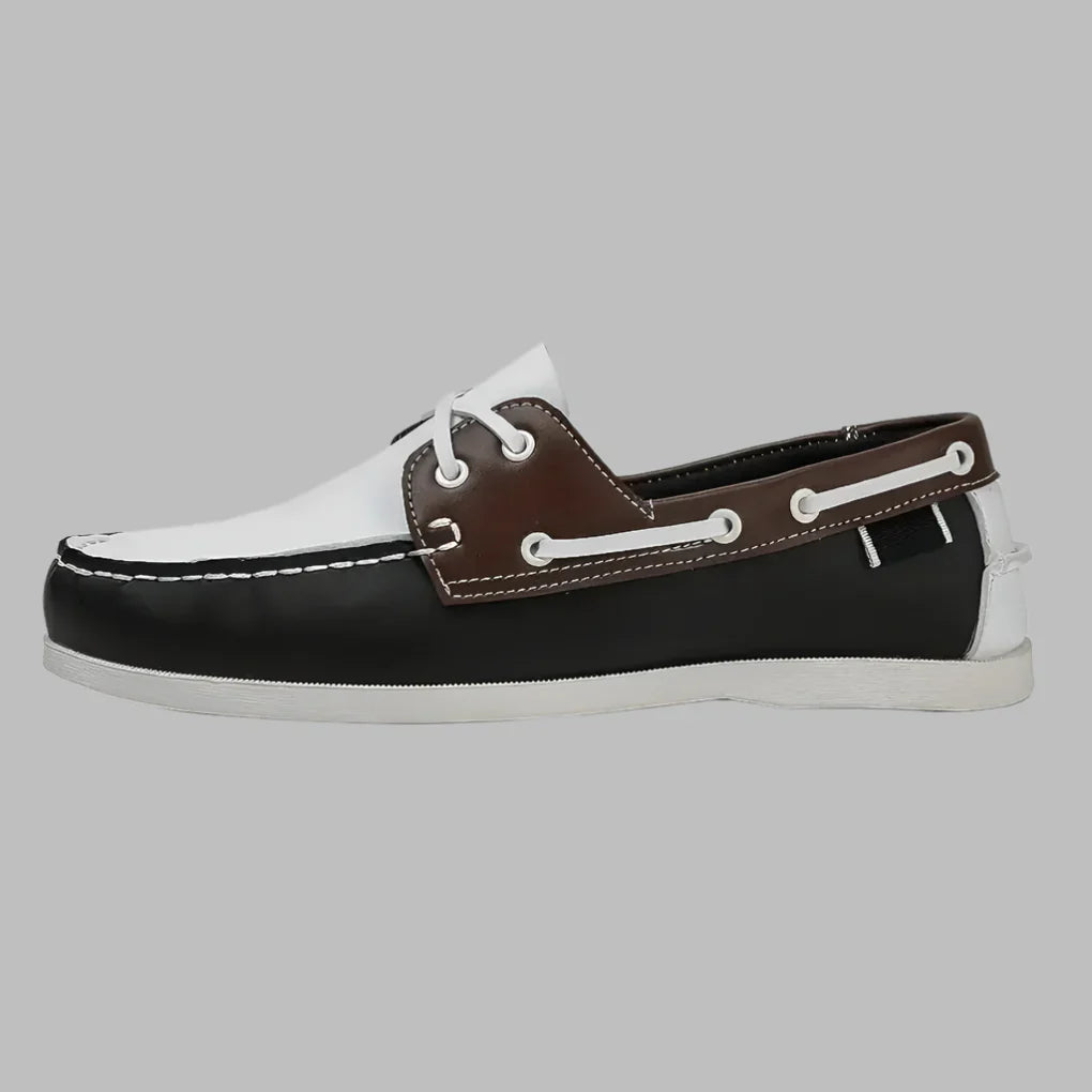 Men's tan classic leather boat shoes with premium upper and versatile slip-on silhouette for all-day comfort