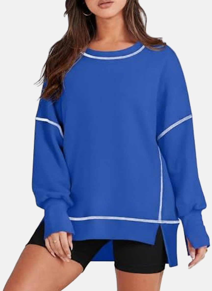 Women's oversized relaxed fit pullover sweatshirt with side slits, crew neck, casual layering style