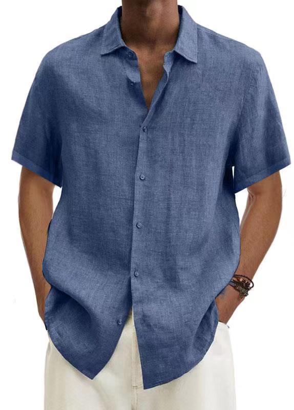 Men's solid color cotton V-neck shirt with Japanese-inspired clean cut for modern versatile style