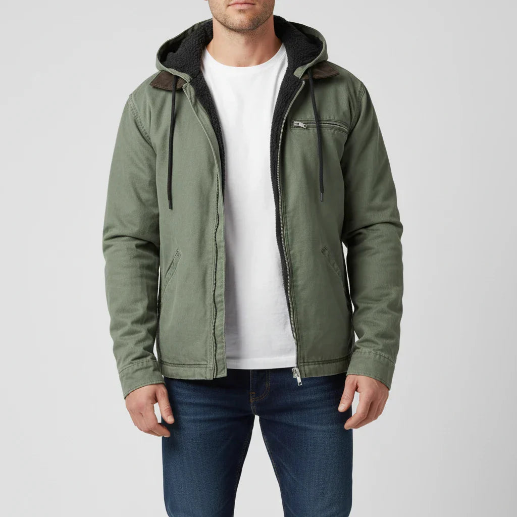 Men's gray full-zip hooded jacket with adjustable drawstring hood and cozy fleece-lined interior