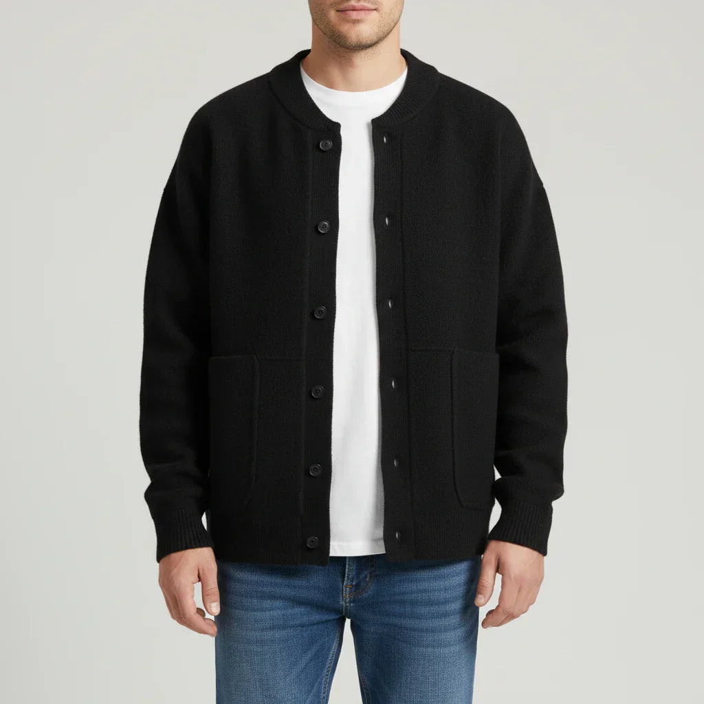 Olive green men's button-front cardigan with patch pockets, relaxed fit for versatile everyday layering
