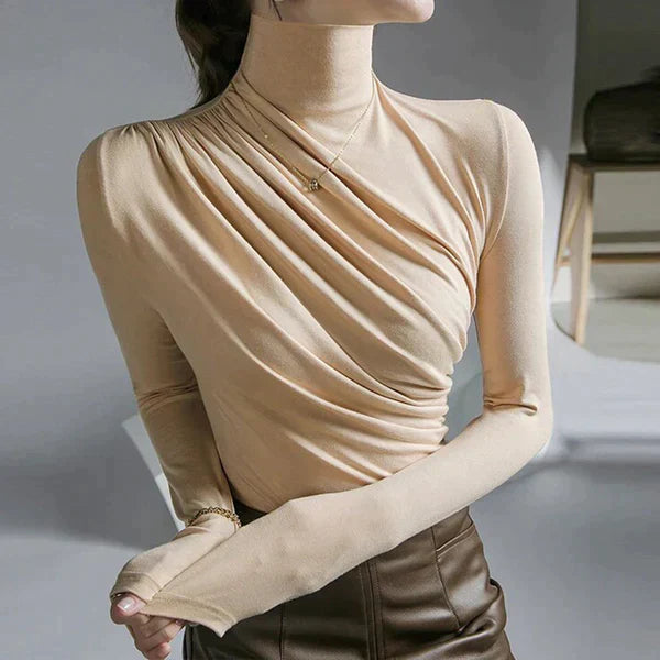 Women's ivory pleated turtleneck blouse elegant tailored fit with graceful draped silhouette