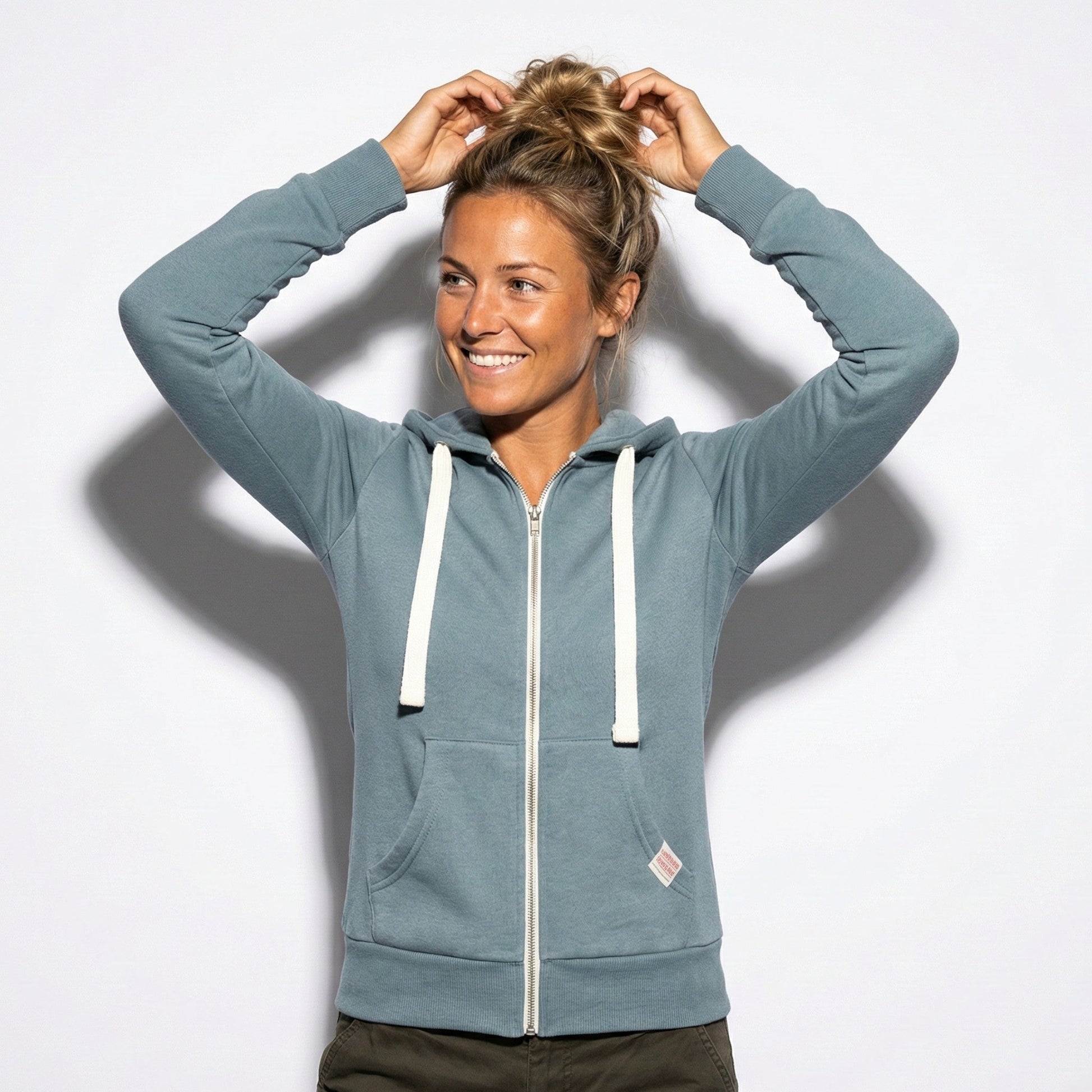 Women's oversized zip-up hoodie cozy lined fabric adjustable hood front pocket casual fit
