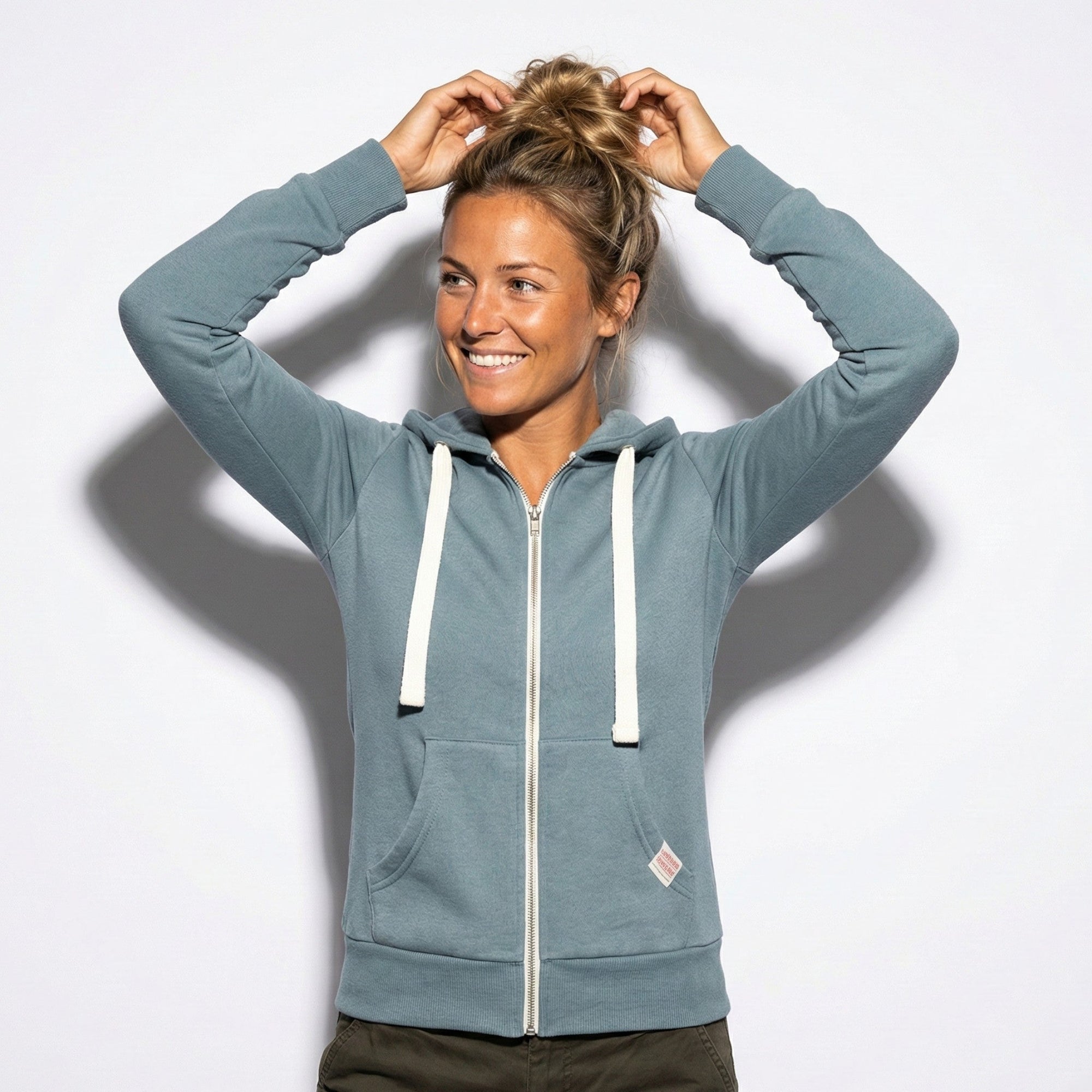 Women's oversized zip-up hoodie cozy lined fabric adjustable hood front pocket casual fit