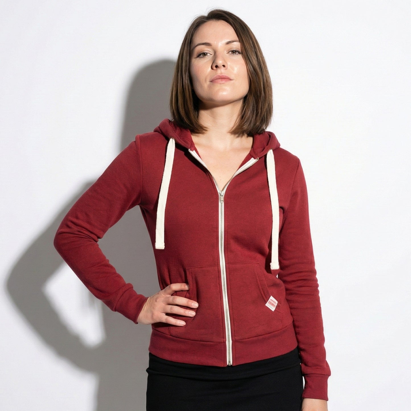 Women's oversized zip-up hoodie cozy lined fabric adjustable hood front pocket casual fit