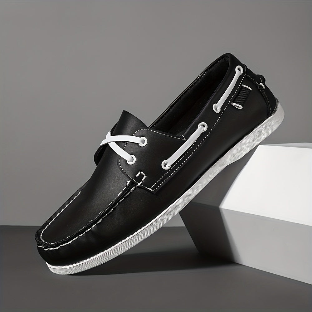 Men's navy burgundy color block leather slip-on boat shoes low-top casual style durable full-grain upper