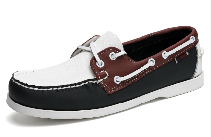 Men's navy burgundy color block leather slip-on boat shoes with low-top silhouette and nautical style
