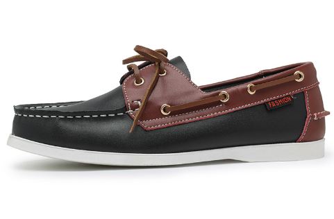 Men's navy burgundy color block leather slip-on boat shoes with low-top nautical silhouette