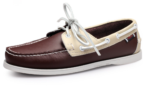 Men's navy burgundy color block leather slip-on boat shoes with low-top silhouette and nautical style
