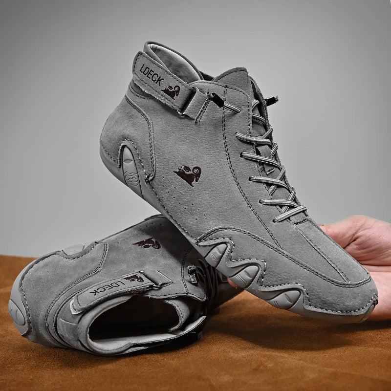 Men's brown leather lace-up ankle boots moc toe silhouette with non-slip durable sole