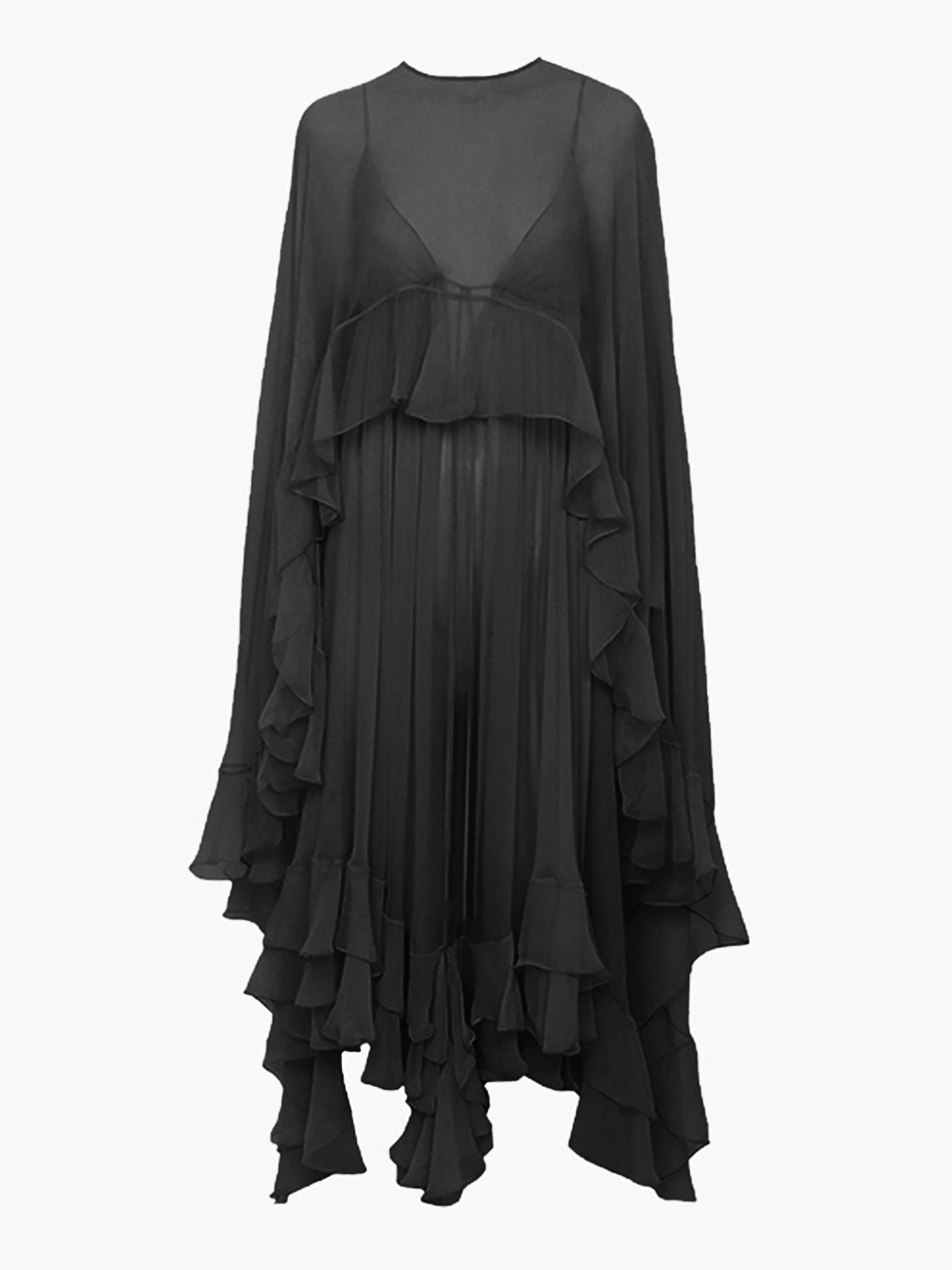 Ethereal chiffon layered maxi dress with cloak overlay, semi-sheer flowing silhouette for weddings