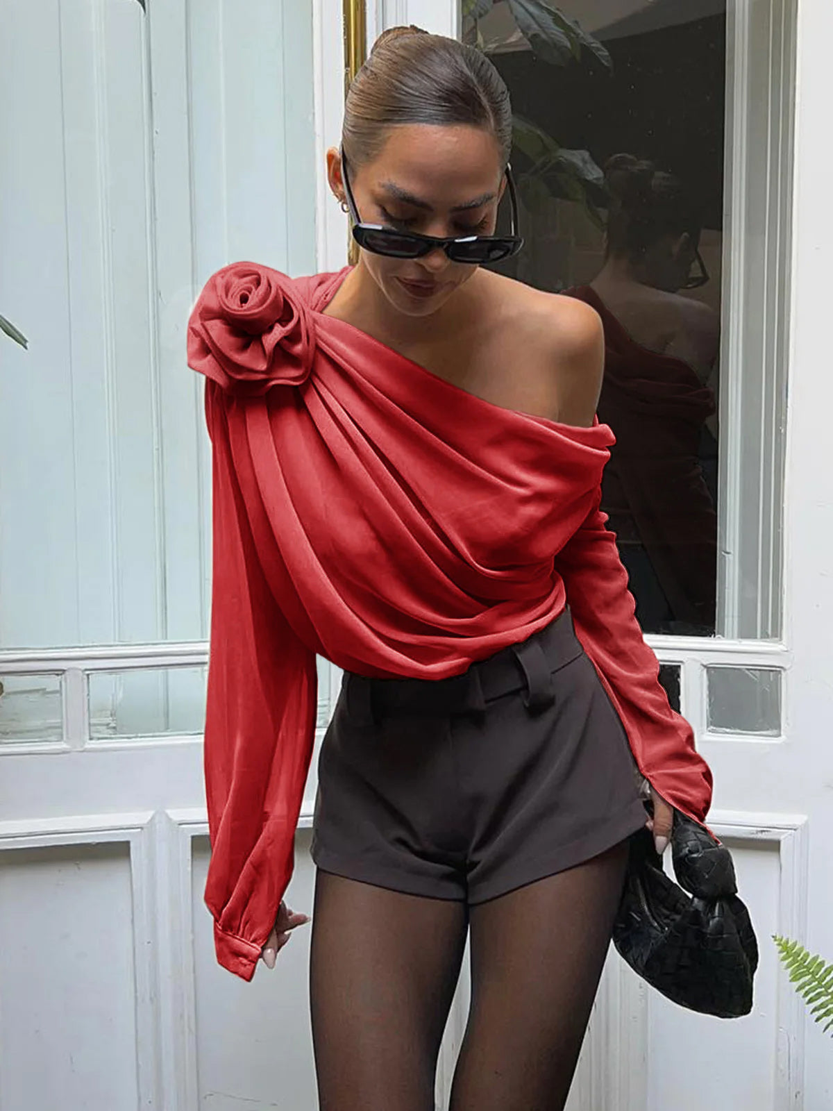 Women's chiffon one-shoulder blouse semi-sheer asymmetrical cut with detachable rosette accent