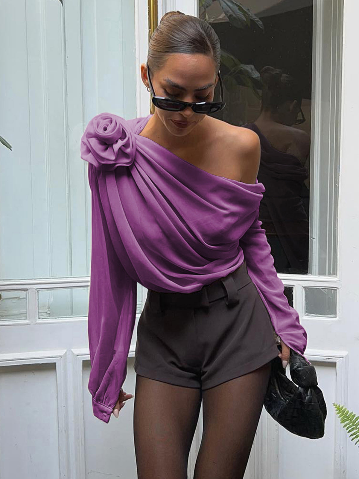 Women's chiffon one-shoulder semi-sheer blouse with detachable rosette, asymmetrical vacation style