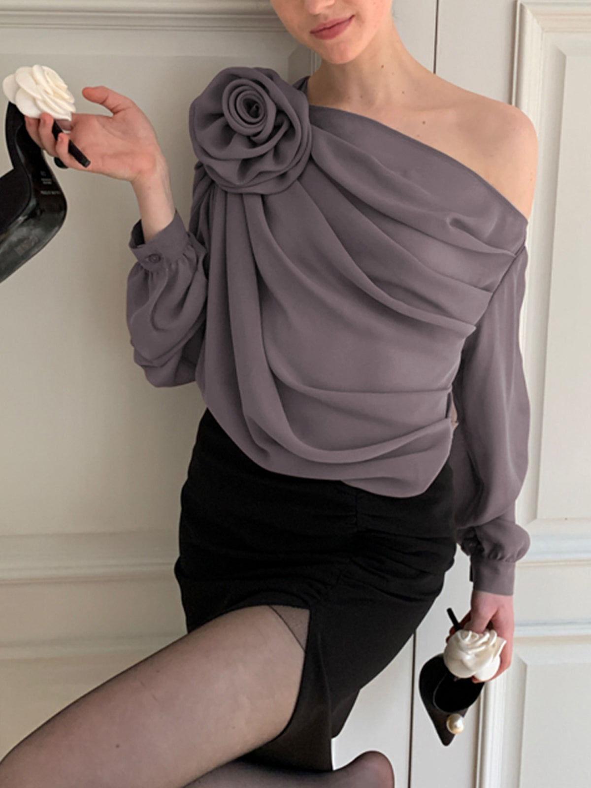 Women's chiffon one-shoulder blouse semi-sheer asymmetrical cut detachable rosette vacation style