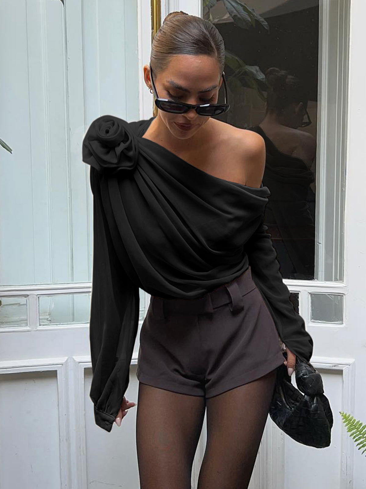 Women's chiffon one-shoulder blouse semi-sheer asymmetrical cut with detachable rosette detail